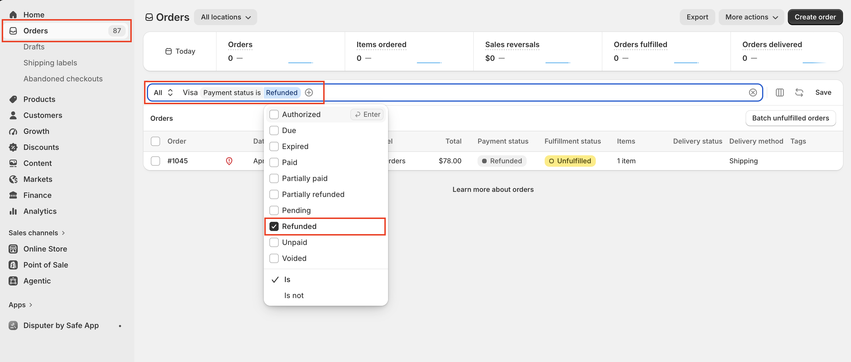 Screenshot: Shopify Orders filtered to Refunded Visa transactions