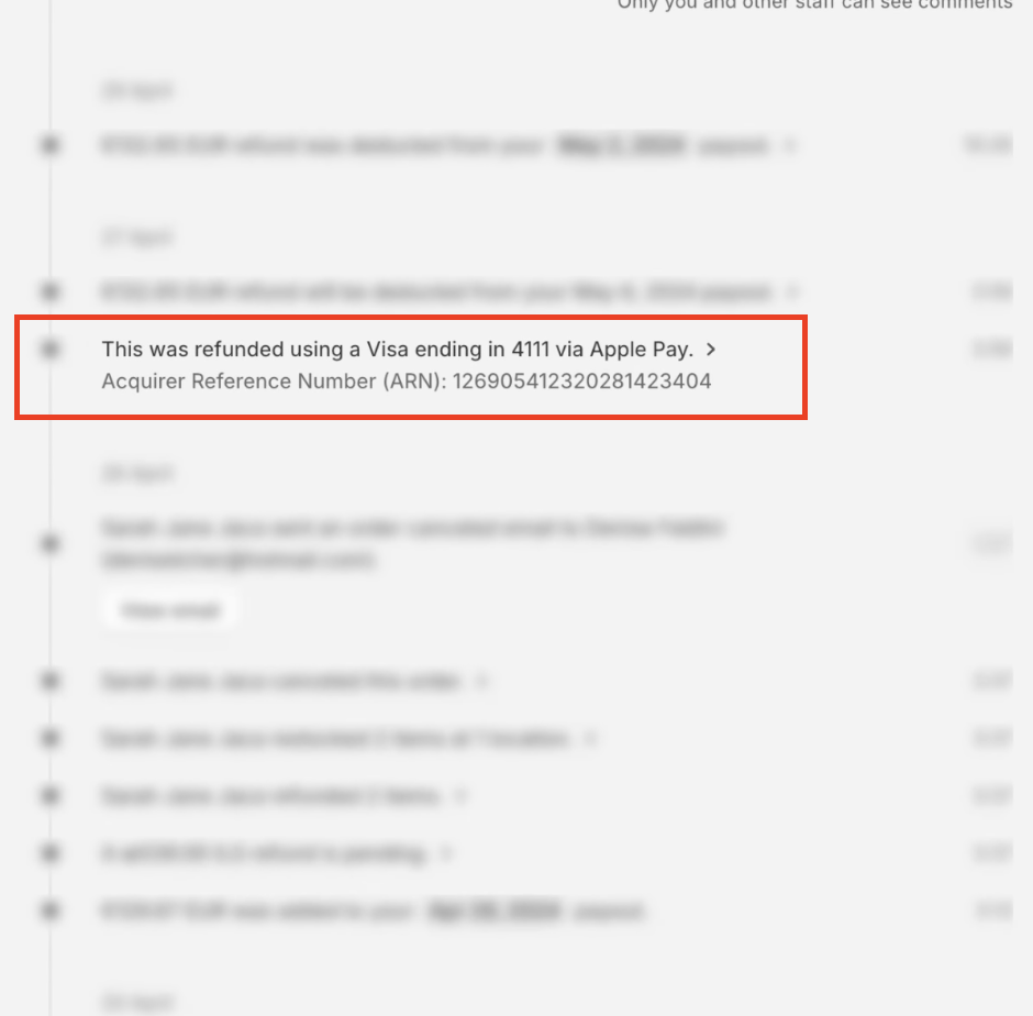 Screenshot: Shopify order timeline showing the ARN entry