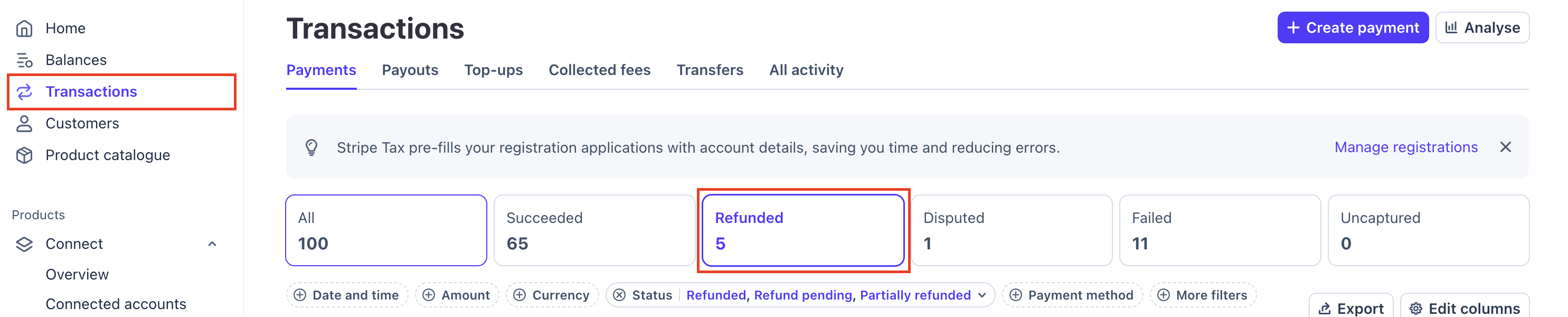 Screenshot: Stripe Refunds tab with Card brand = Visa and last-120-days filters applied